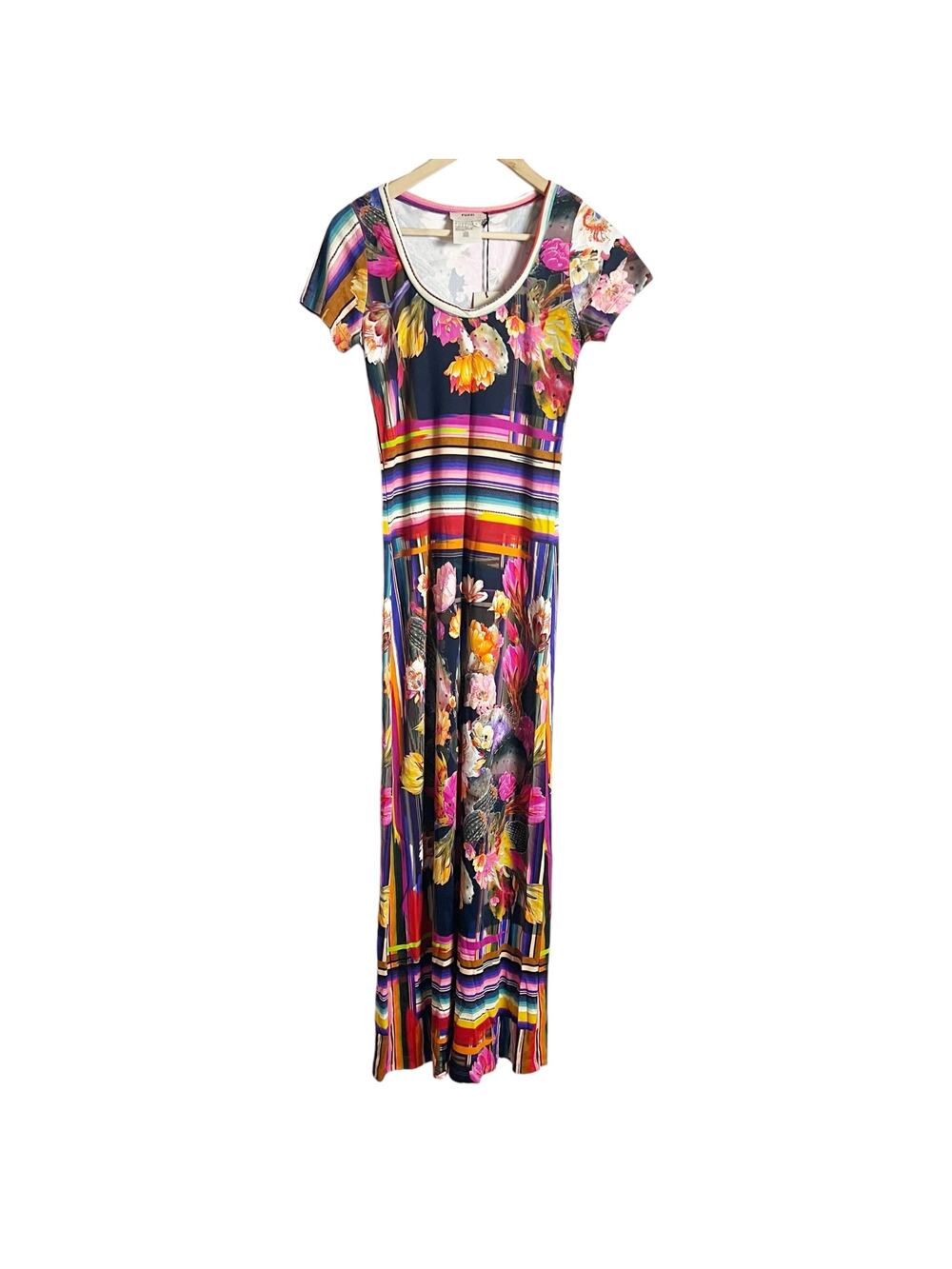 Fuzzi Striped Floral Multicolor Short Sleeve Scoop Neck Jersey Maxi Dress Size S